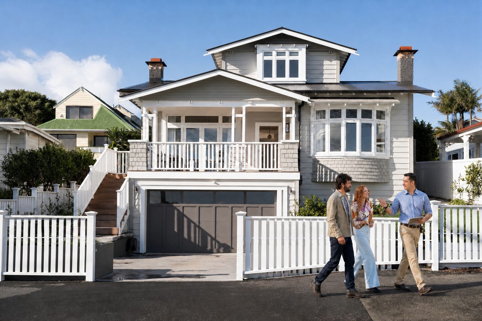 People walking past a two-storey weatherboard villa on an Auckland street.