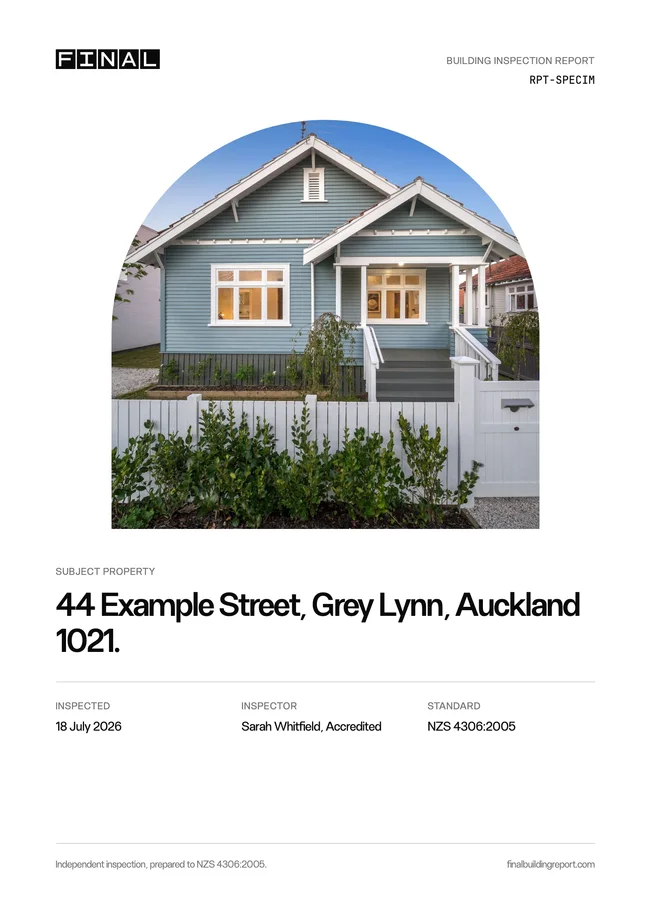 The cover of a Final building report: the address, report code, inspection date and accredited inspector.