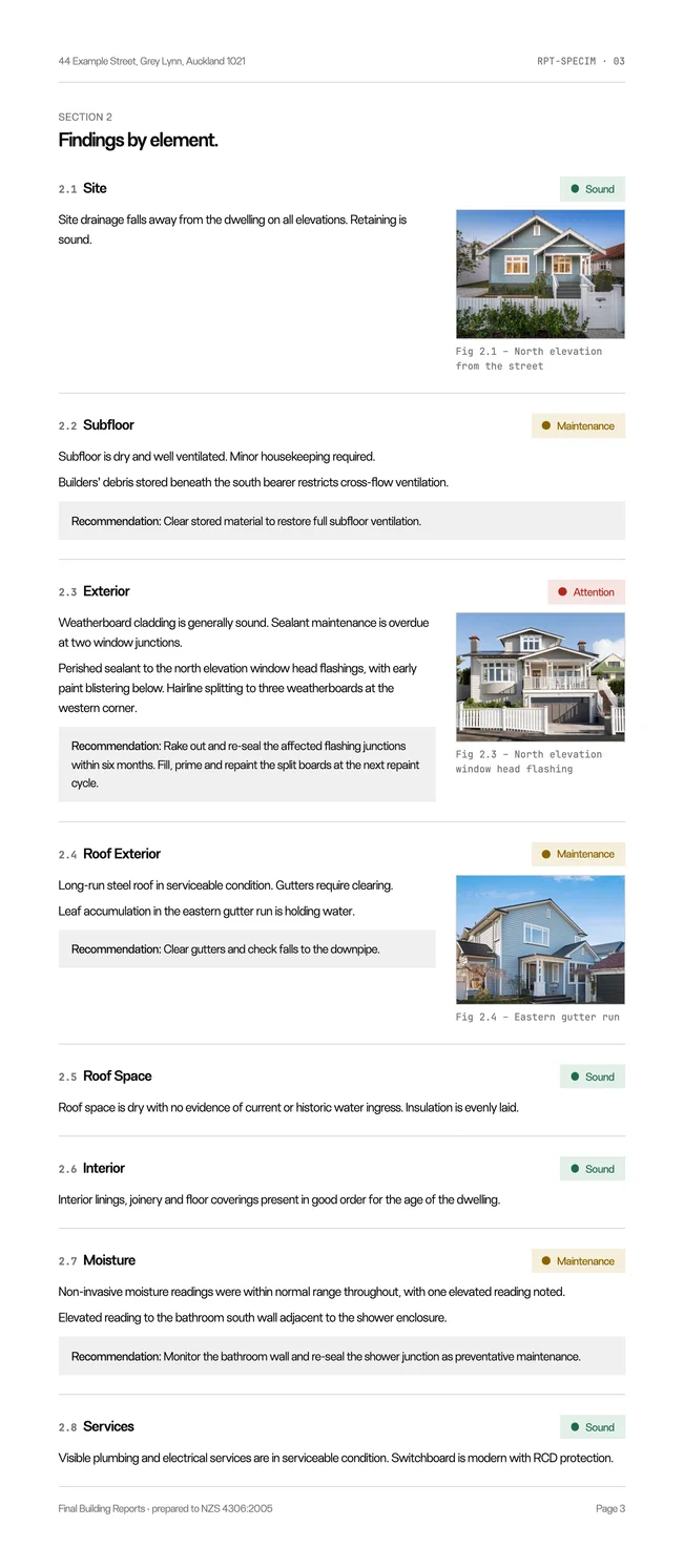A findings page from a Final report: each element rated, with photographs and recommendations.